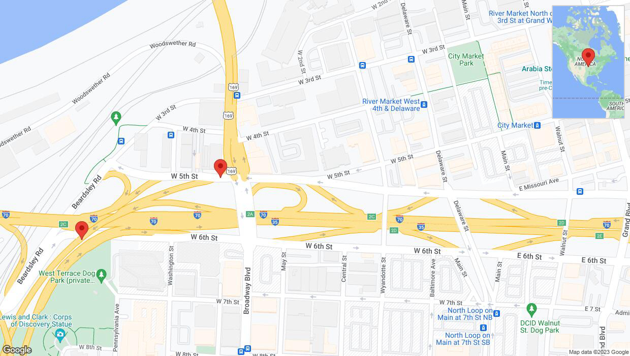 A detailed map that shows the affected road due to 'West 5th Street: bridge closed between West Fifth Southtreet / US-169 South and I-35 South' on November 12th at 2:15 p.m.