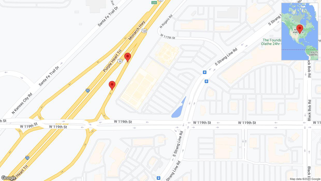 A detailed map that shows the affected road due to 'Broken down vehicle on South Strang Line Road in Olathe' on November 10th at 11:19 p.m.