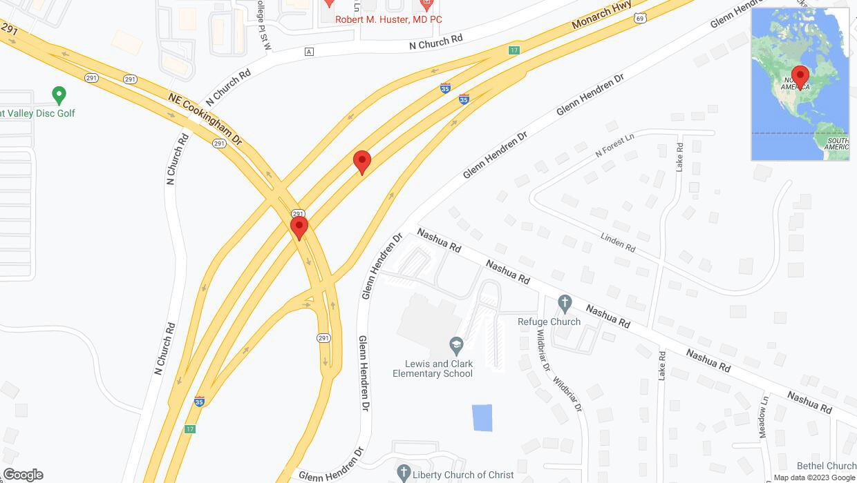 A detailed map that shows the affected road due to 'Broken down vehicle on northbound I-35 in Liberty' on November 11th at 3:12 p.m.