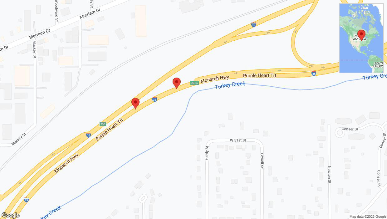 A detailed map that shows the affected road due to 'Broken down vehicle on northbound I-35 in Overland Park' on November 11th at 11:17 p.m.
