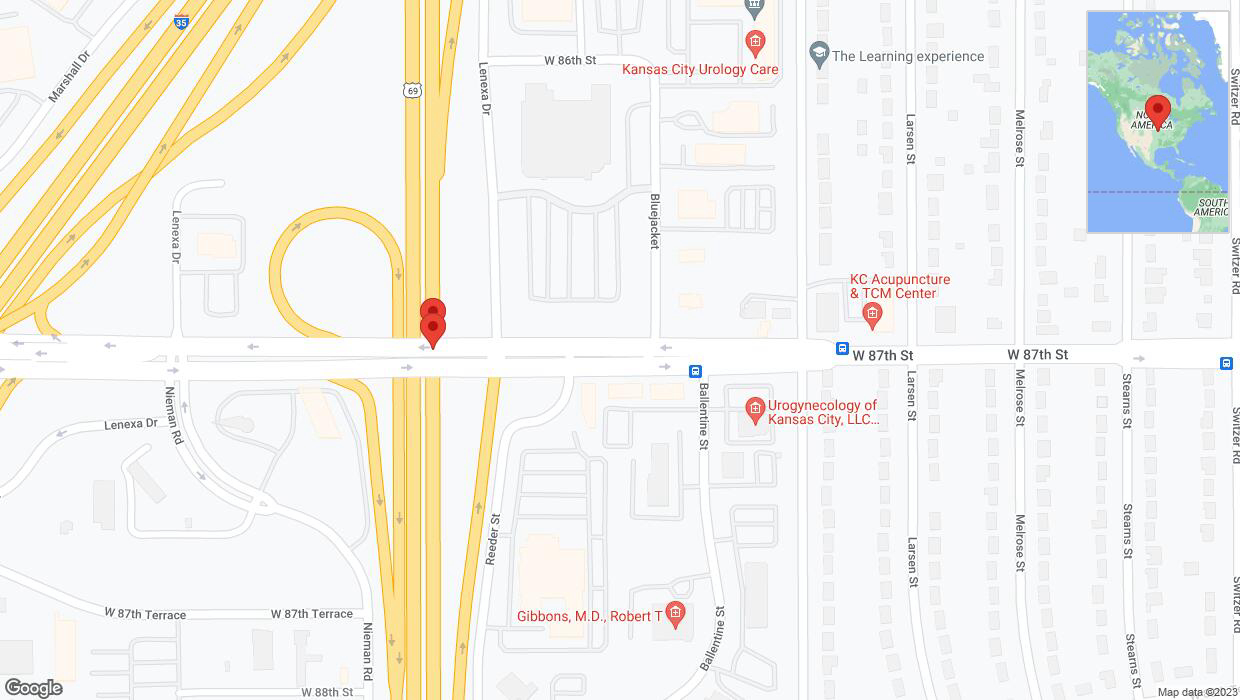 A detailed map that shows the affected road due to 'Broken down vehicle on northbound US-69 in Lenexa' on November 11th at 7:24 p.m.