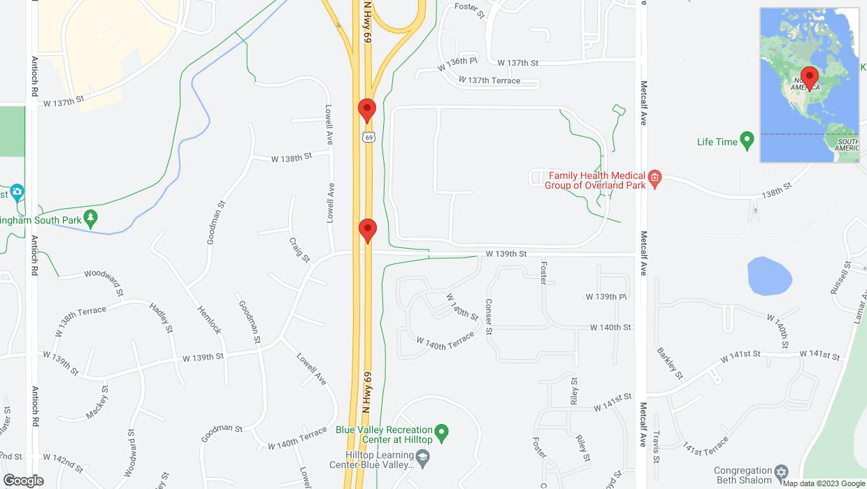 A detailed map that shows the affected road due to 'Lane on US-69 closed in Overland Park' on November 11th at 10:29 p.m.