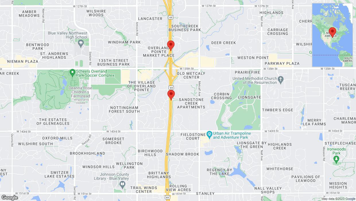 A detailed map that shows the affected road due to 'Lane on US-69 closed in Overland Park' on November 12th at 4:33 p.m.