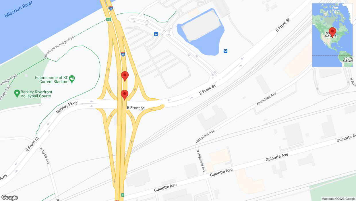 A detailed map that shows the affected road due to 'Broken down vehicle on northbound I-29/I-35 in Kansas City' on November 12th at 4:39 p.m.