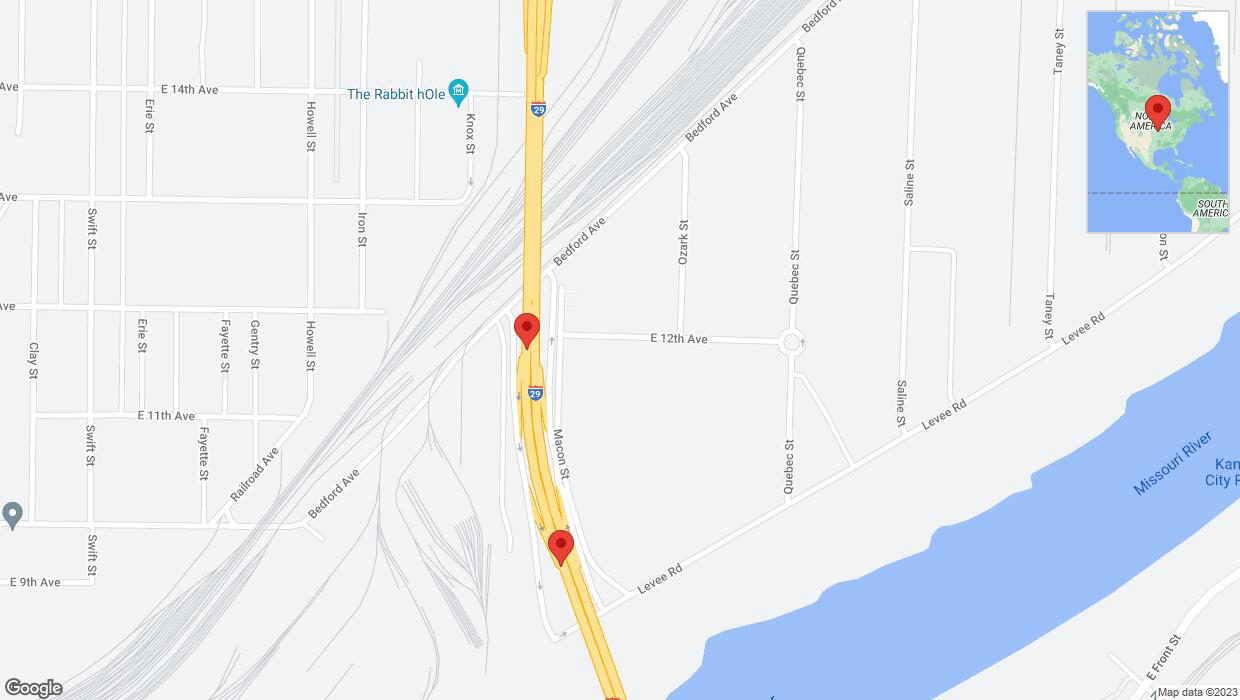 A detailed map that shows the affected road due to 'Broken down vehicle on southbound I-29/I-35 in North Kansas City' on November 12th at 4:45 p.m.