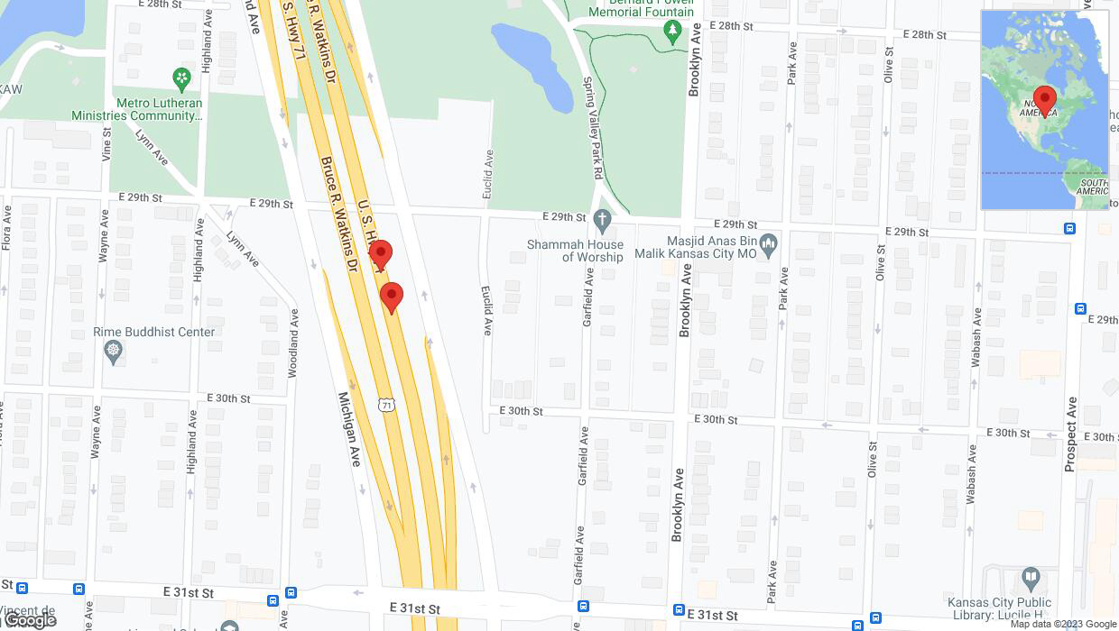 A detailed map that shows the affected road due to 'Broken down vehicle on northbound US-71 in Kansas City' on November 12th at 6:03 p.m.