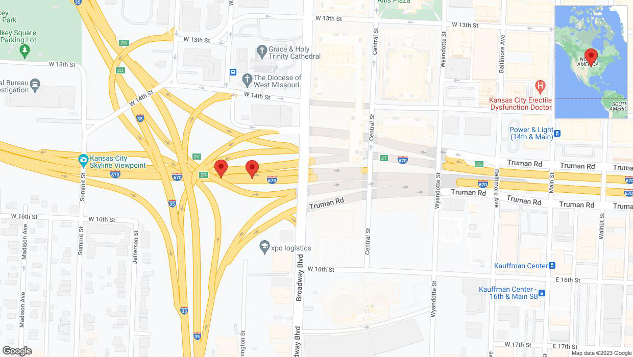 A detailed map that shows the affected road due to 'Broken down vehicle on eastbound I-670 in Kansas City' on November 13th at 2:12 p.m.