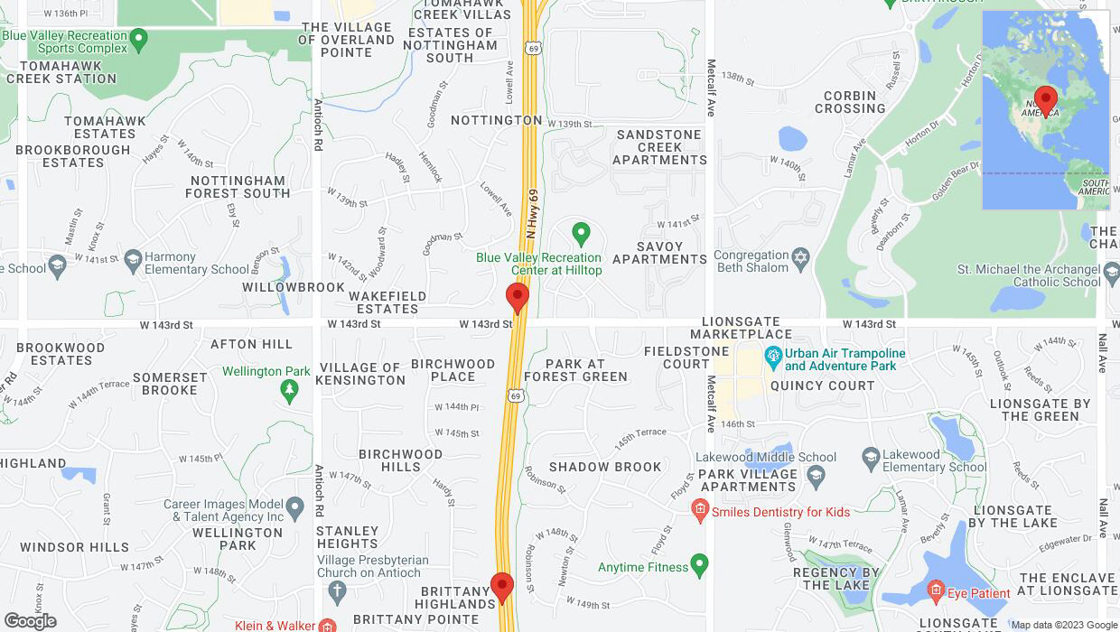 A detailed map that shows the affected road due to 'Lane on US-69 closed in Overland Park' on November 13th at 12:48 p.m.