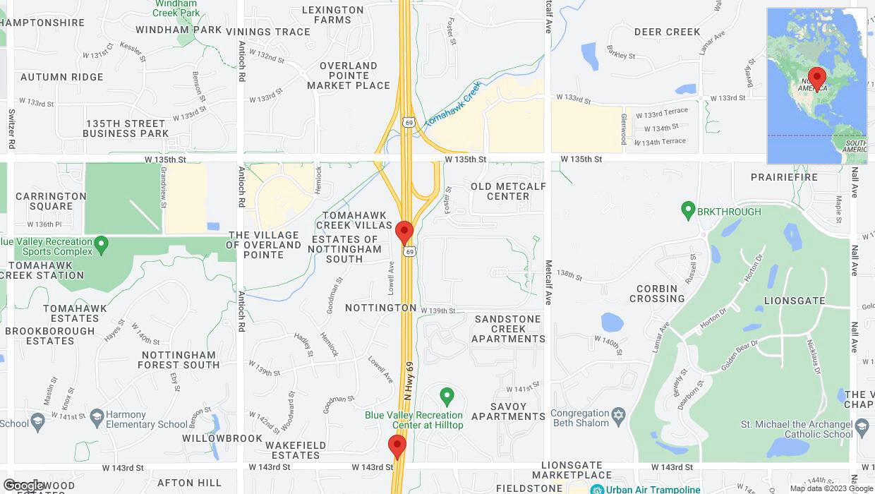 A detailed map that shows the affected road due to 'Overland Park: US-69 closed' on November 13th at 12:48 p.m.