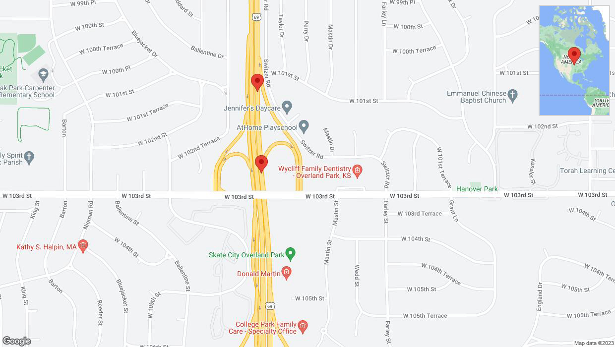 A detailed map that shows the affected road due to 'Broken down vehicle on northbound US-69 in Overland Park' on November 13th at 1 p.m.
