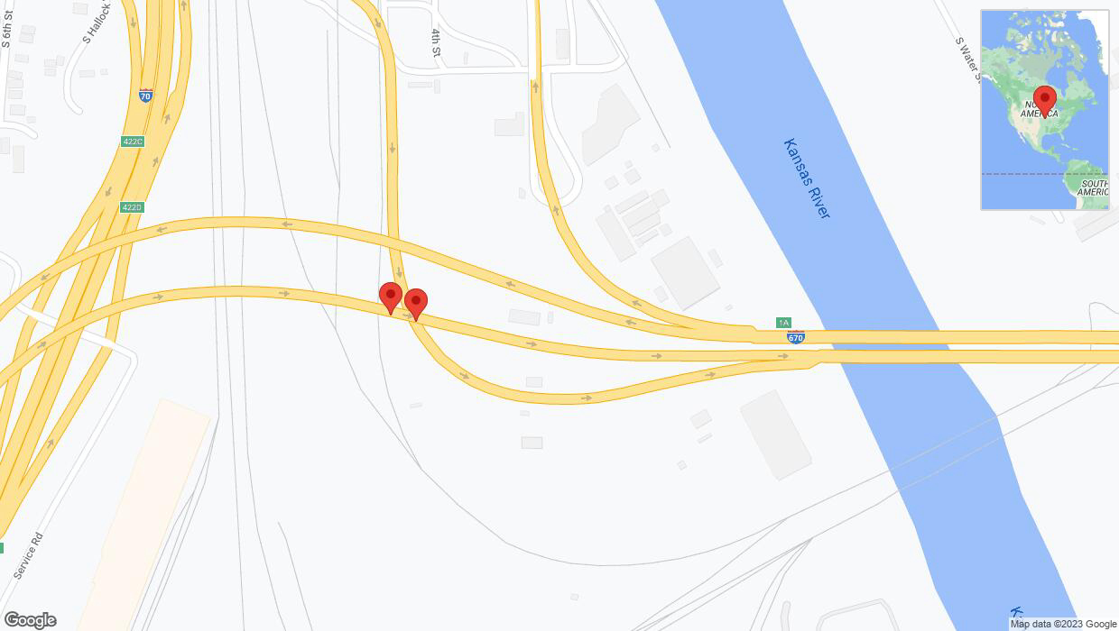 A detailed map that shows the affected road due to 'Broken down vehicle on eastbound I-670 in Kansas City' on November 13th at 4:59 p.m.