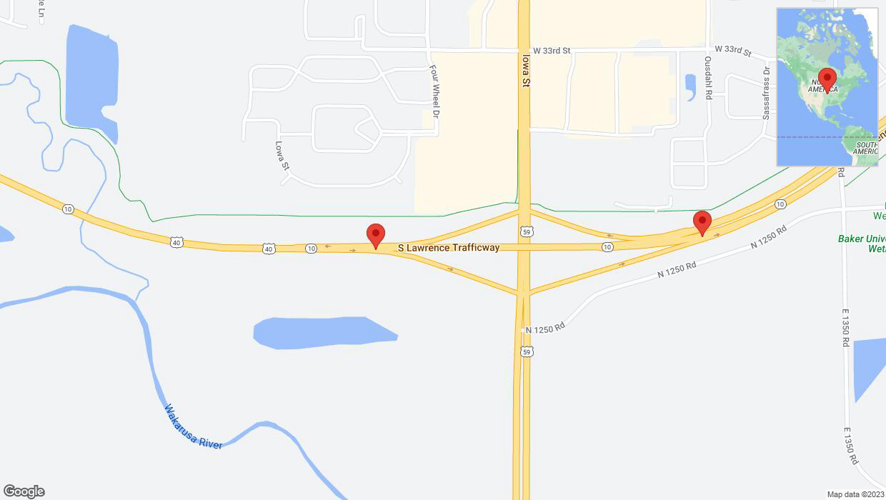 A detailed map that shows the affected road due to 'K-10 East closed in Lawrence' on November 13th at 5:34 p.m.