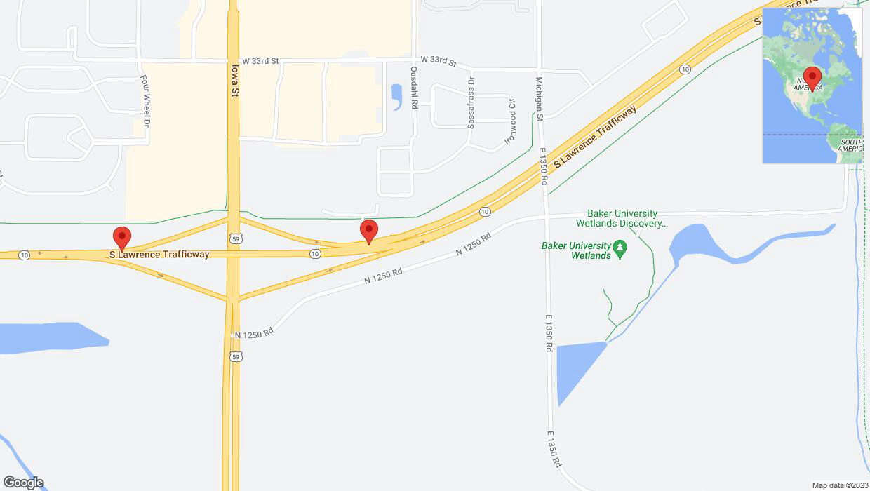 A detailed map that shows the affected road due to 'Lawrence: K-10 temporarily closed' on November 13th at 5:39 p.m.
