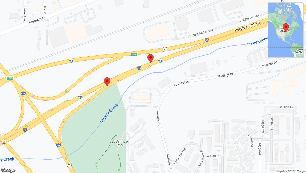 A detailed map that shows the affected road due to 'Broken down vehicle on northbound US-69 North in Mission' on November 13th at 7:17 p.m.
