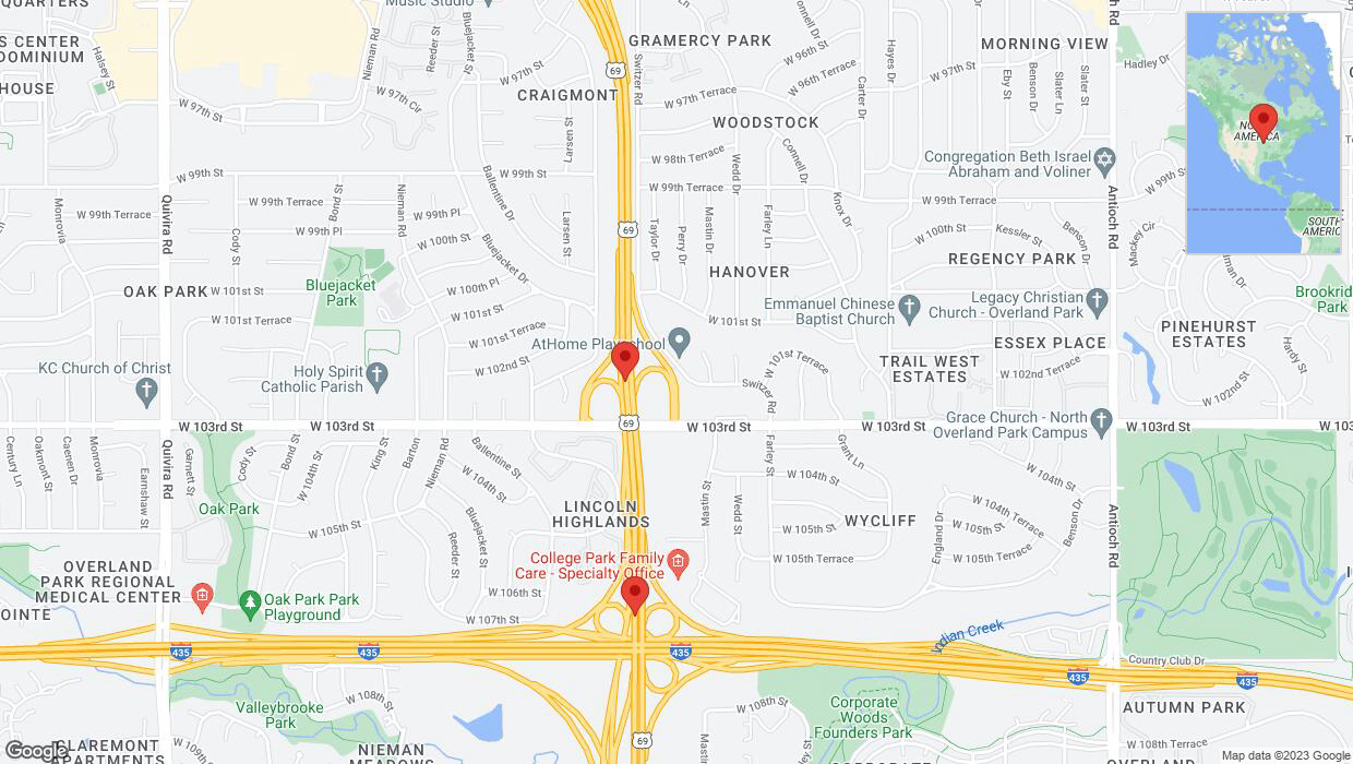 A detailed map that shows the affected road due to 'Lane on US-69 closed in Overland Park' on November 16th at 3:42 p.m.