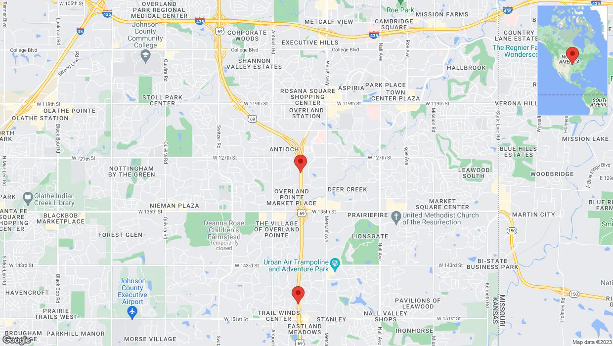 A detailed map that shows the affected road due to 'Lane on US-69 closed in Overland Park' on November 16th at 7:42 p.m.
