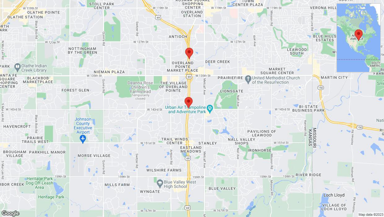 A detailed map that shows the affected road due to 'Lane on US-69 closed in Overland Park' on November 16th at 12:42 p.m.