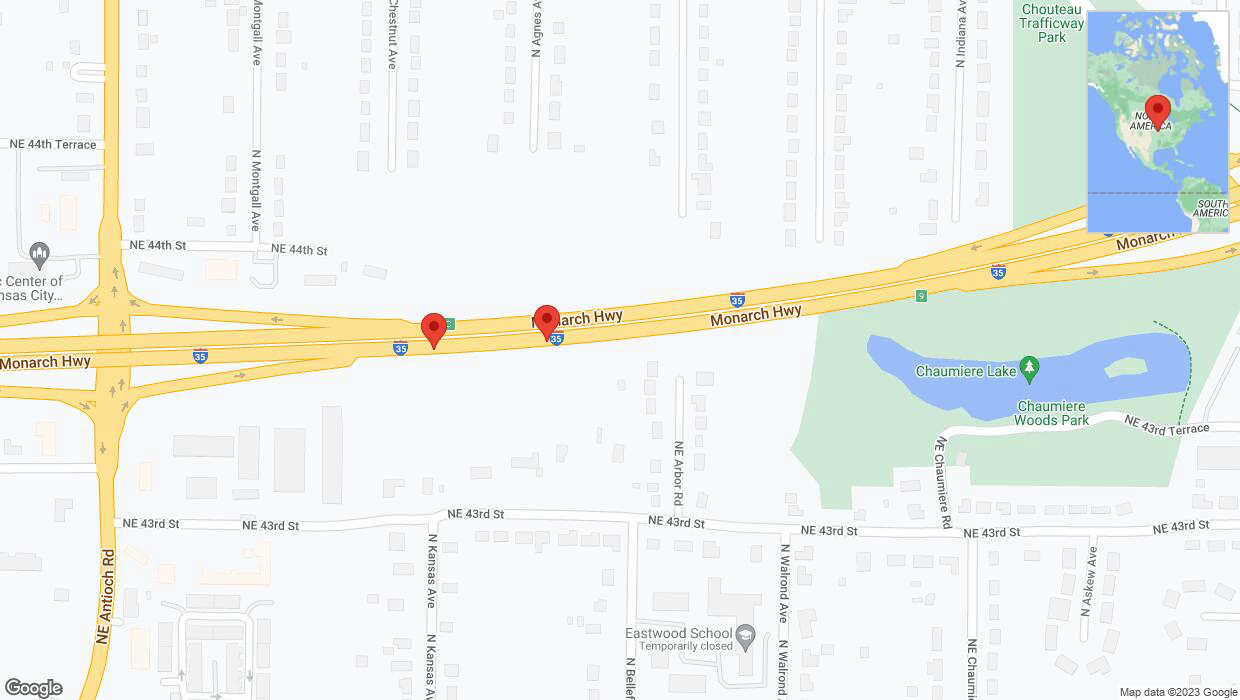 A detailed map that shows the affected road due to 'Broken down vehicle on northbound I-35 in Kansas City' on November 14th at 1:04 p.m.