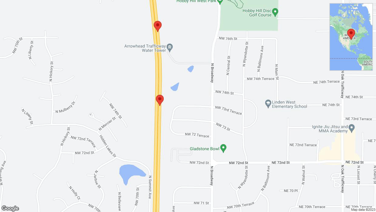 A detailed map that shows the affected road due to 'Broken down vehicle on northbound US-169 in Kansas City' on November 14th at 1:40 p.m.