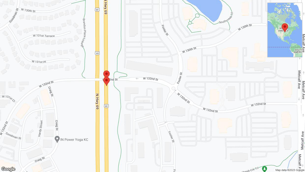 A detailed map that shows the affected road due to 'Broken down vehicle on northbound US-69 in Overland Park' on November 14th at 2:58 p.m.