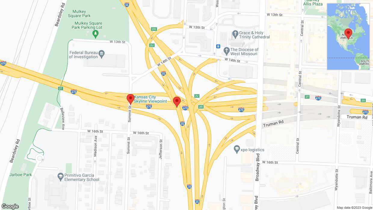 A detailed map that shows the affected road due to 'Broken down vehicle on eastbound I-670 in Kansas City' on November 14th at 2:58 p.m.