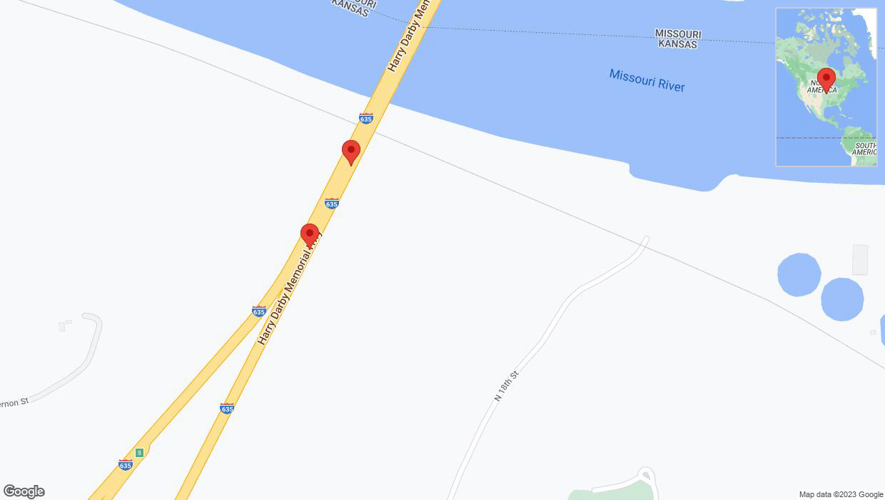 A detailed map that shows the affected road due to 'Broken down vehicle on northbound I-635 in Kansas City' on November 14th at 2:40 p.m.