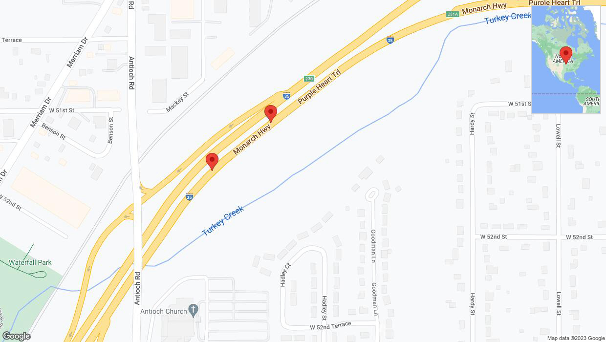 A detailed map that shows the affected road due to 'Broken down vehicle on northbound I-35 in Overland Park' on November 14th at 3:58 p.m.