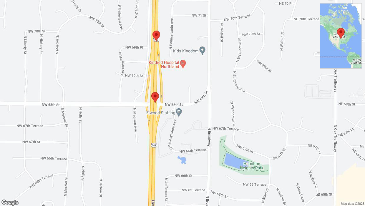 A detailed map that shows the affected road due to 'Broken down vehicle on northbound US-169 in Kansas City' on November 14th at 5:22 p.m.