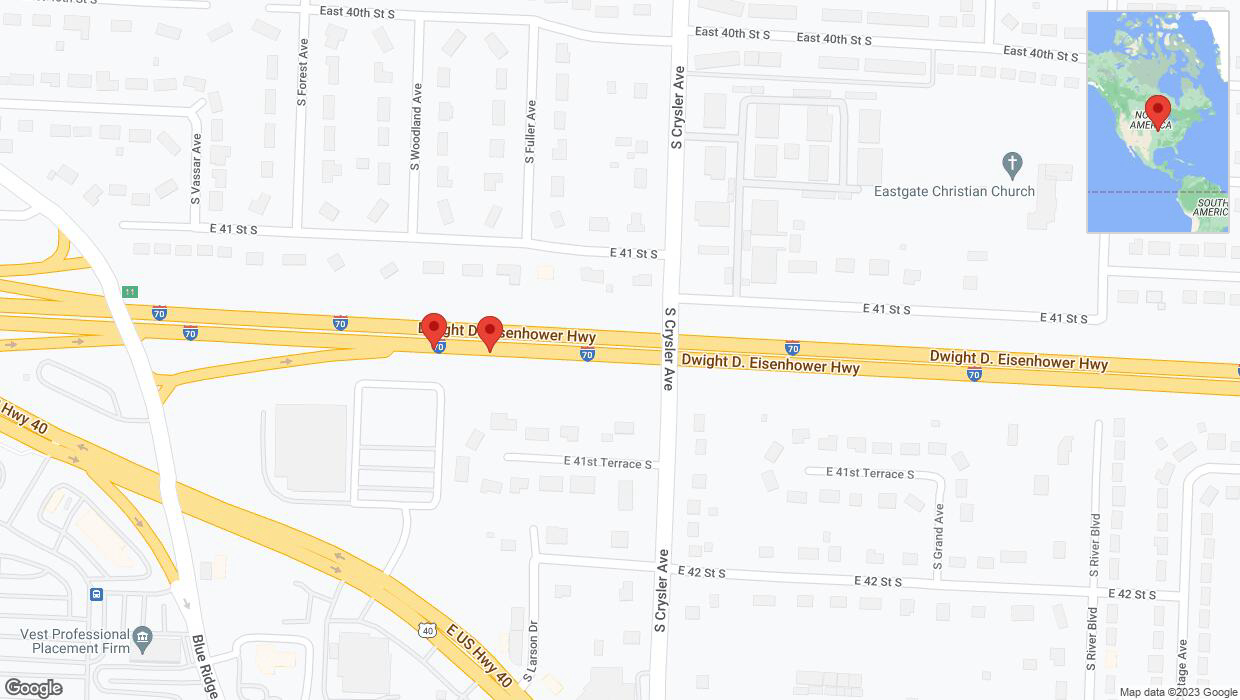 A detailed map that shows the affected road due to 'Broken down vehicle on eastbound I-70 in Independence' on November 14th at 4:58 p.m.
