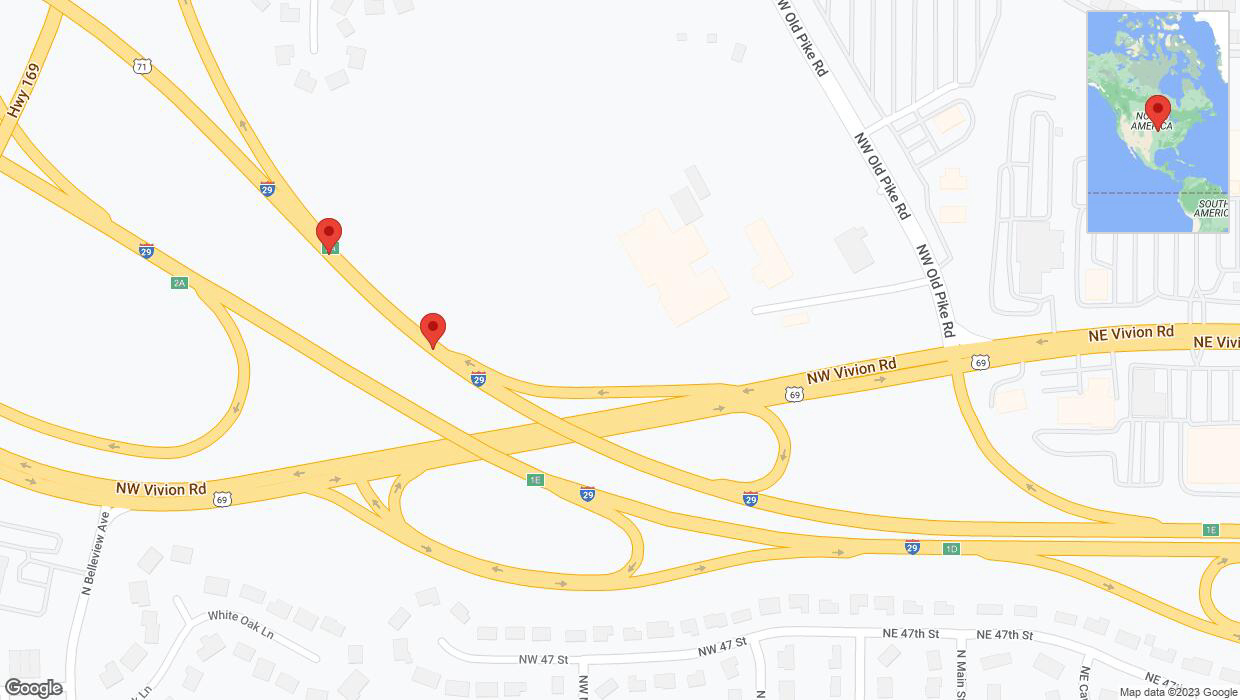 A detailed map that shows the affected road due to 'Broken down vehicle on northbound I-29 in Gladstone' on November 14th at 5:52 p.m.