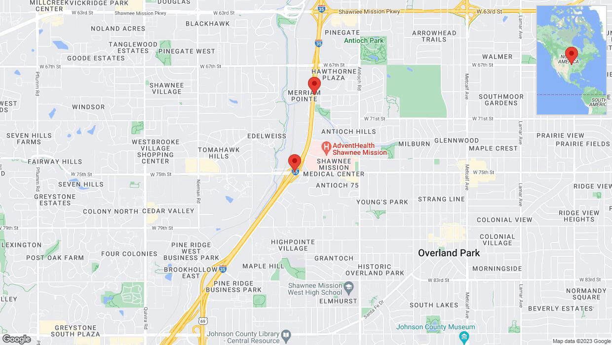 A detailed map that shows the affected road due to 'Warning: Crash on eastbound I-35 in Overland Park' on November 14th at 6:40 p.m.