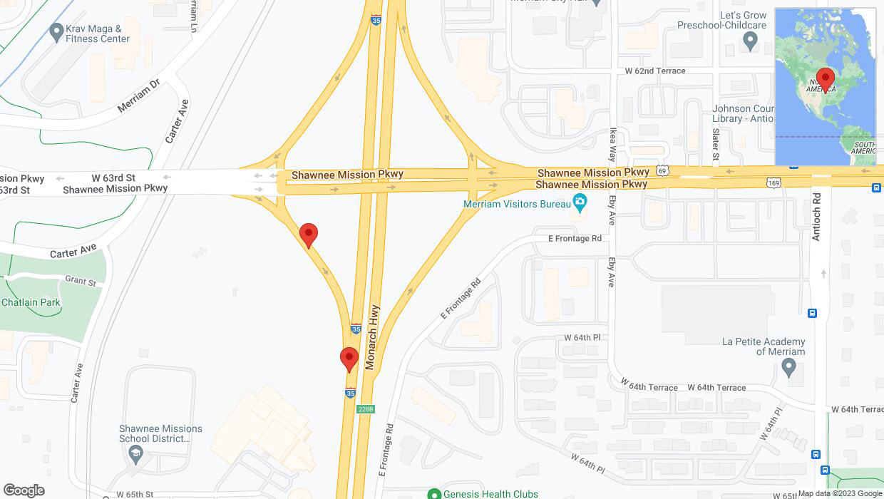 A detailed map that shows the affected road due to 'Broken down vehicle in Merriam' on November 14th at 7:16 p.m.