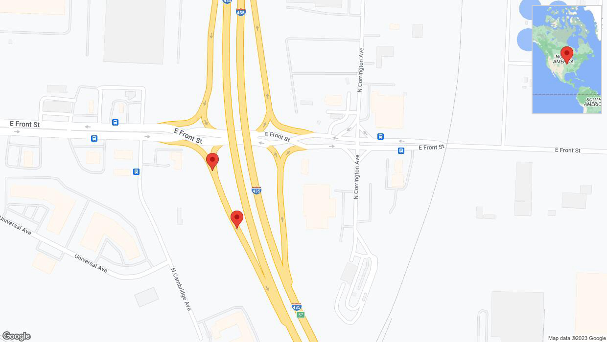 A detailed map that shows the affected road due to 'Broken down vehicle on East Front Street in Kansas City' on November 14th at 7:52 p.m.