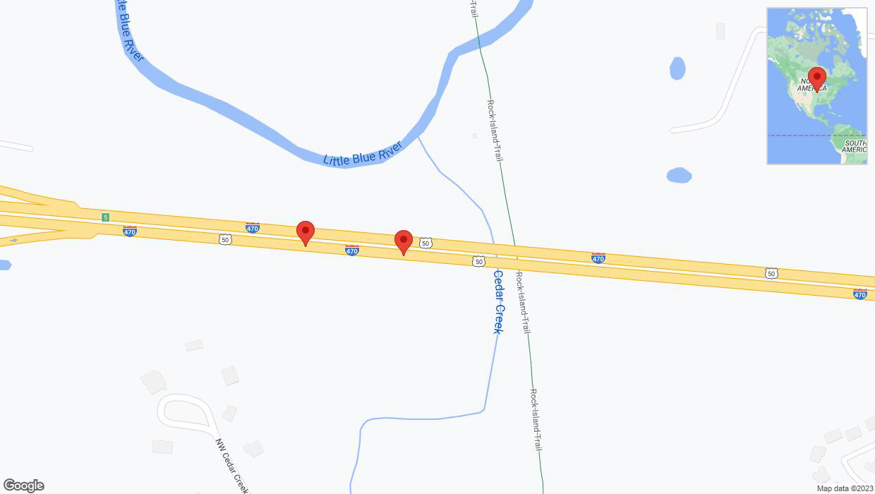 A detailed map that shows the affected road due to 'Broken down vehicle on eastbound I-470 in Lee's Summit' on November 14th at 8:58 p.m.