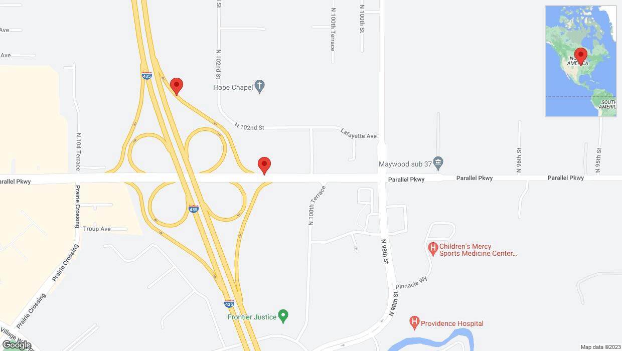 A detailed map that shows the affected road due to 'Broken down vehicle on Parallel Parkway in Kansas City' on November 15th at 3:43 p.m.