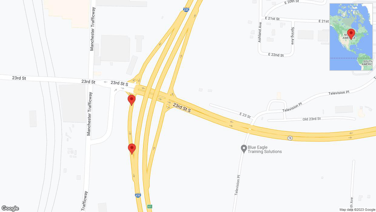 A detailed map that shows the affected road due to 'Broken down vehicle on 23rd Street South in Kansas City' on November 15th at 12:32 p.m.