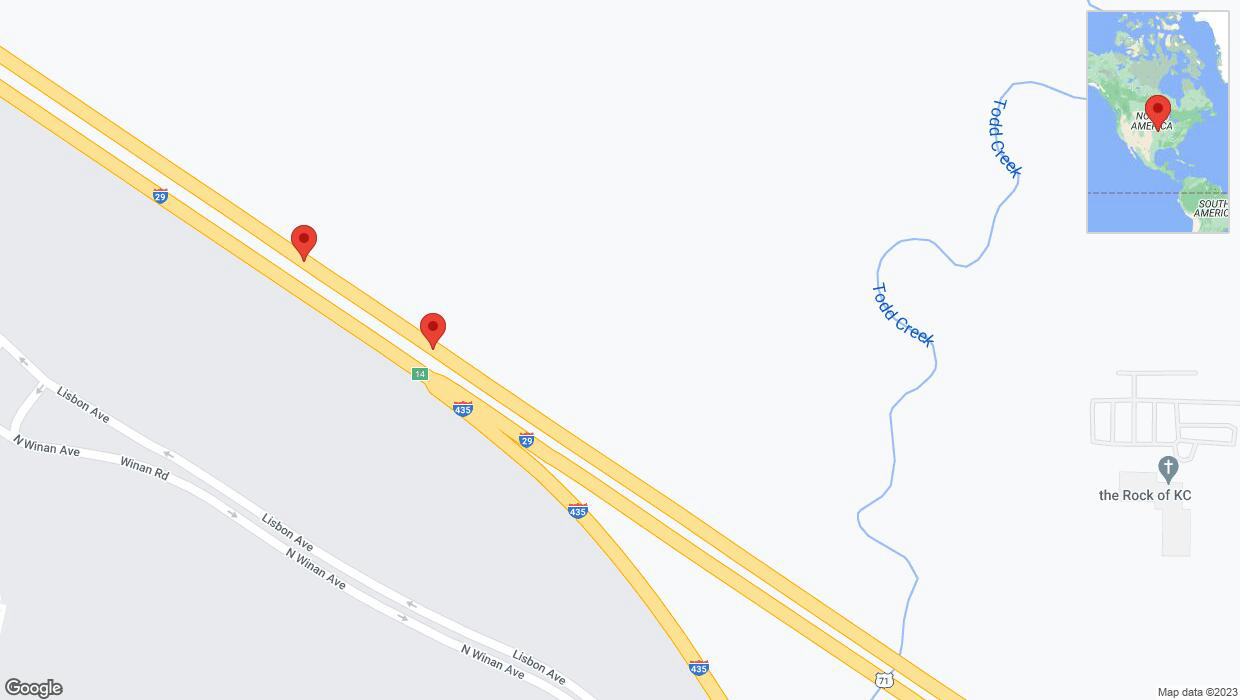A detailed map that shows the affected road due to 'Broken down vehicle on northbound I-435/I-29 in Kansas City' on November 15th at 4:31 p.m.