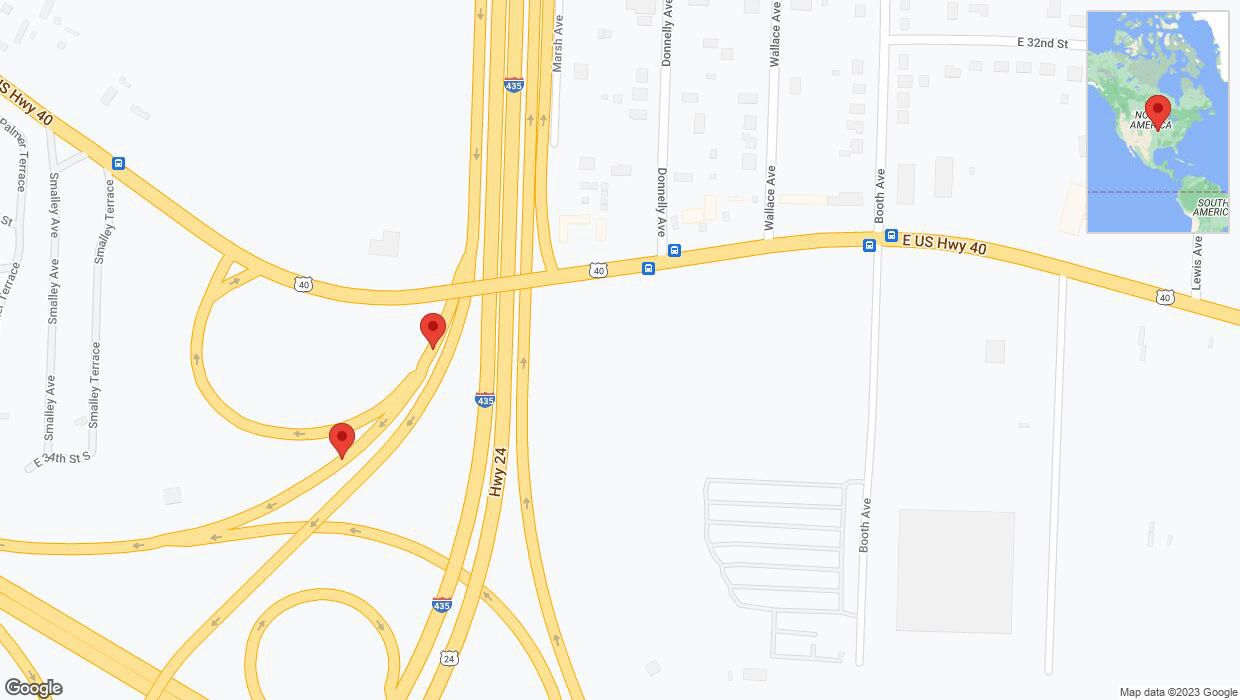 A detailed map that shows the affected road due to 'Broken down vehicle on the East US Highway 40 in Kansas City' on November 15th at 5:36 p.m.