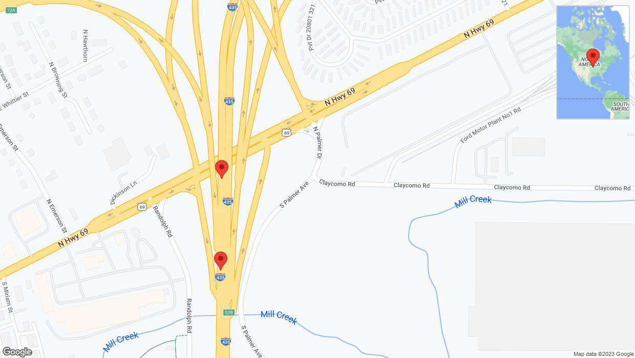 A detailed map that shows the affected road due to 'Broken down vehicle on southbound I-435 in Claycomo' on November 15th at 6:48 p.m.