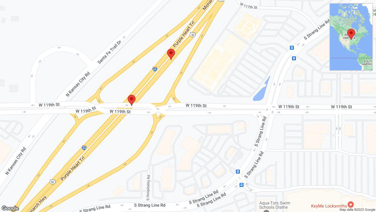 A detailed map that shows the affected road due to 'Broken down vehicle on eastbound I-35 in Olathe' on November 15th at 8:54 p.m.