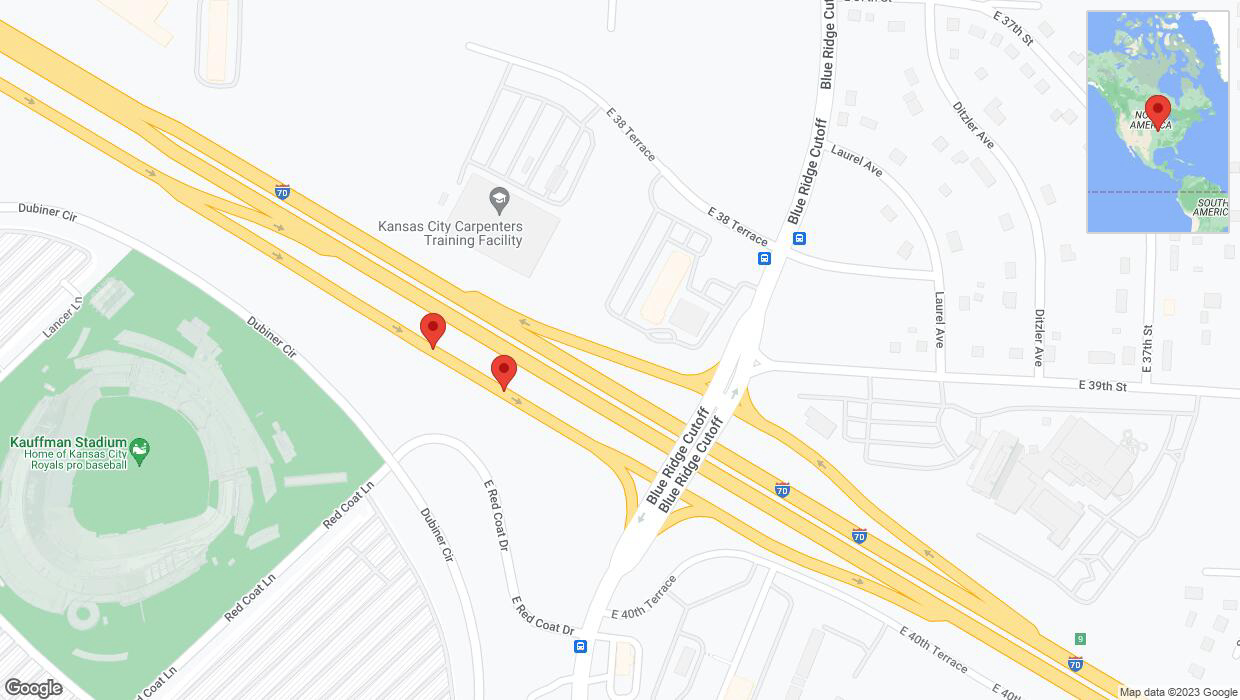 A detailed map that shows the affected road due to 'Broken down vehicle on Red Coat Lane in Kansas City' on November 16th at 1:24 p.m.