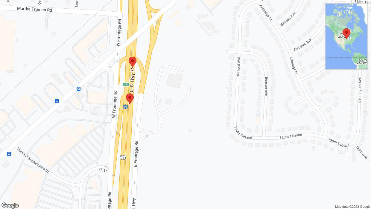 A detailed map that shows the affected road due to 'Broken down vehicle on northbound I-40/US-71 in Grandview' on November 16th at 6:06 p.m.