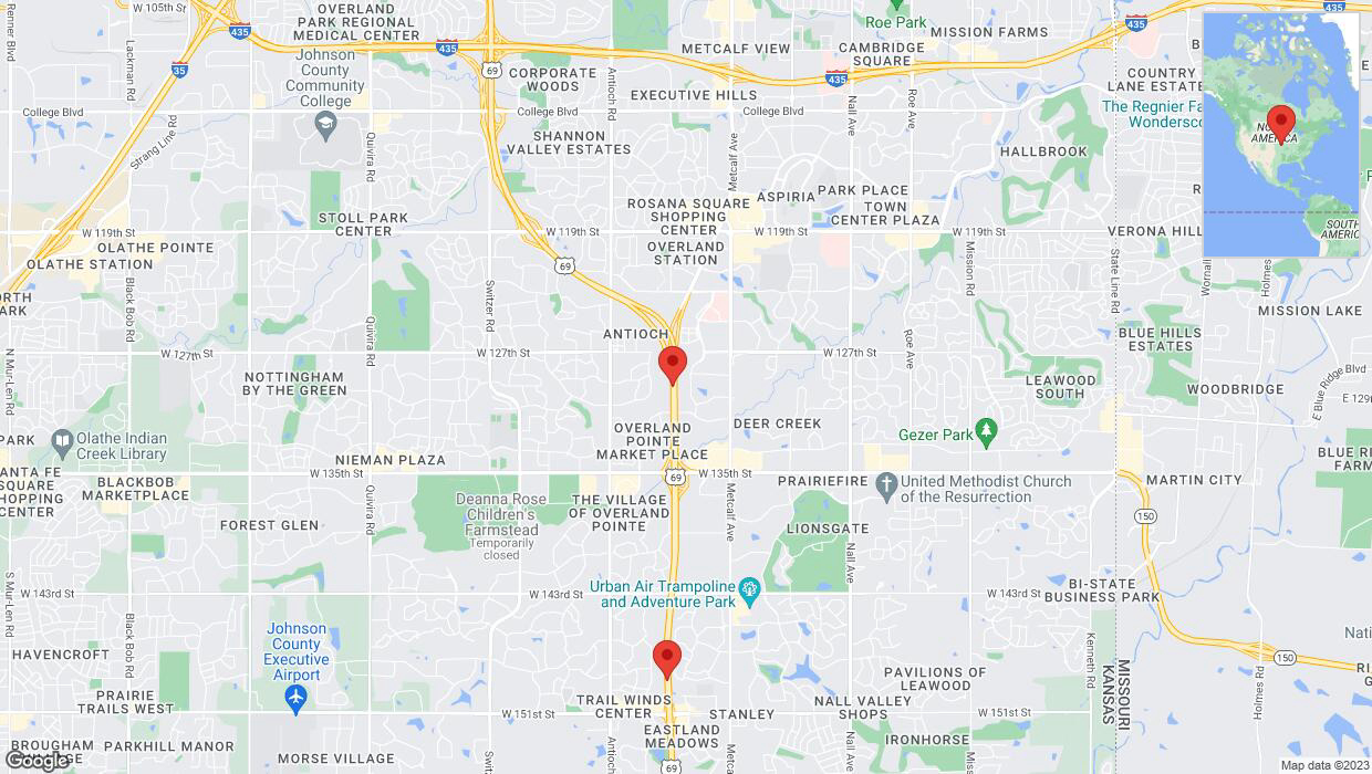 A detailed map that shows the affected road due to 'Lane on US-69 closed in Overland Park' on November 17th at 4:49 p.m.