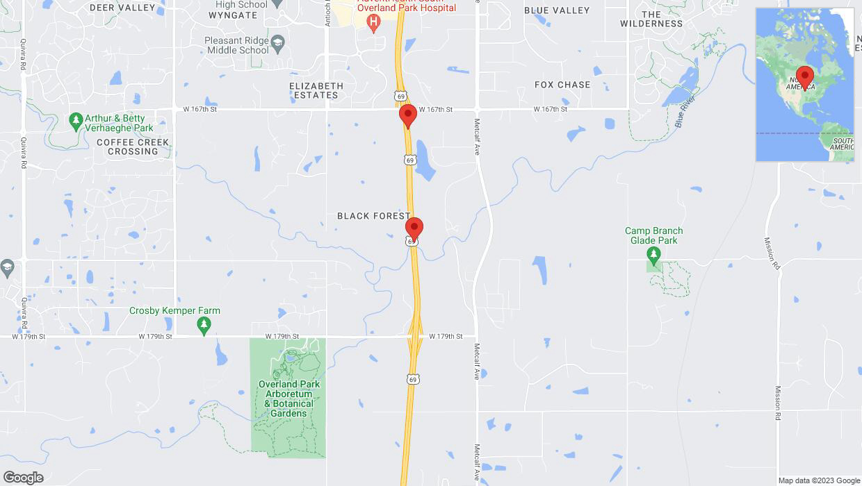A detailed map that shows the affected road due to 'Warning in Overland Park: Crash reported on northbound US-69' on November 17th at 4:37 p.m.