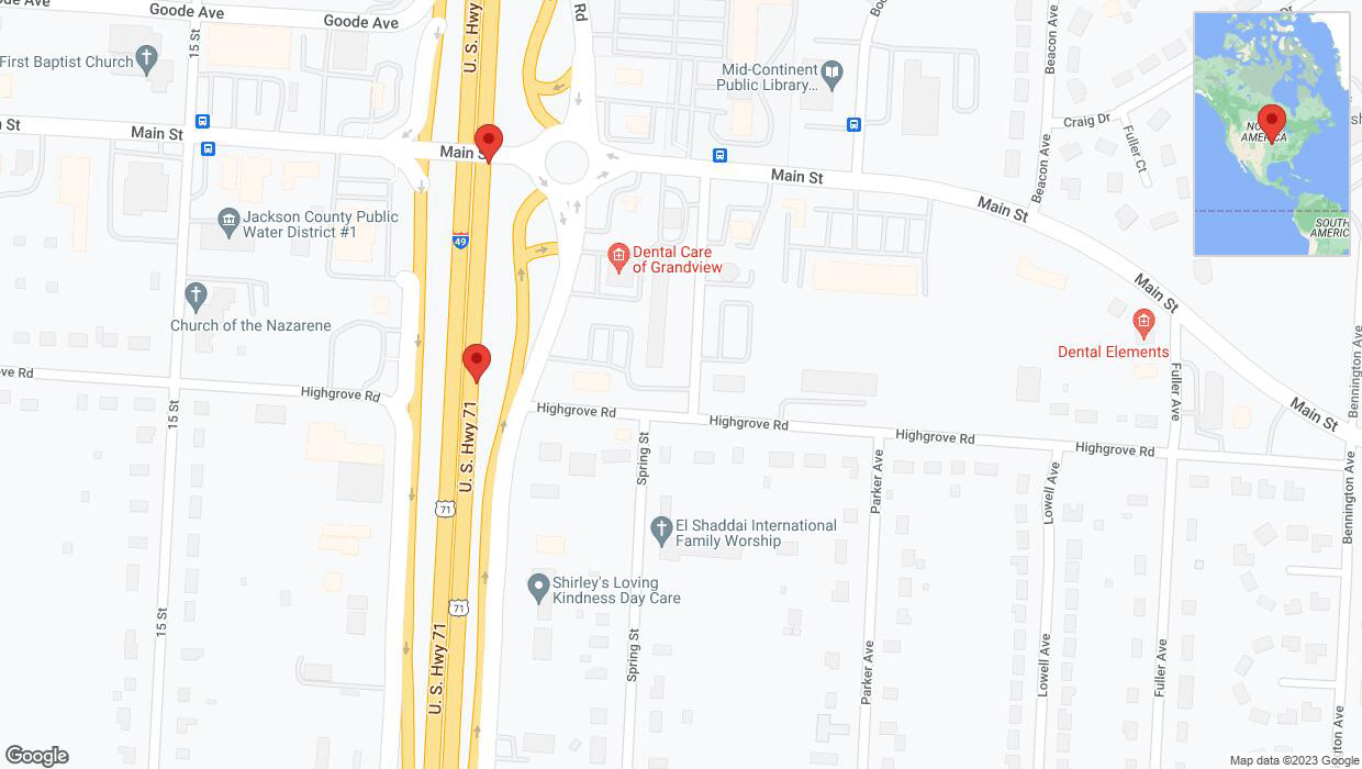 A detailed map that shows the affected road due to 'Broken down vehicle on northbound I-40/US-71 in Grandview' on November 17th at 8:43 p.m.