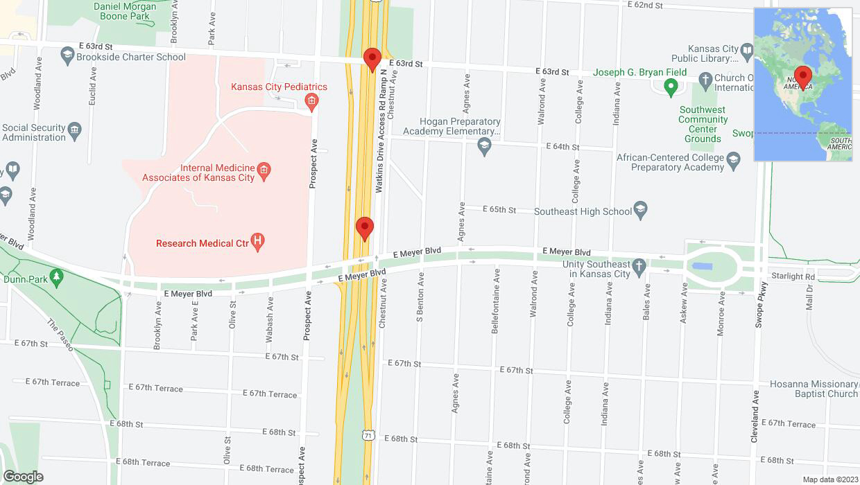A detailed map that shows the affected road due to 'Broken down vehicle on northbound the Bruce R Watkins Expressway/US-71 in Kansas City' on November 17th at 7:55 p.m.