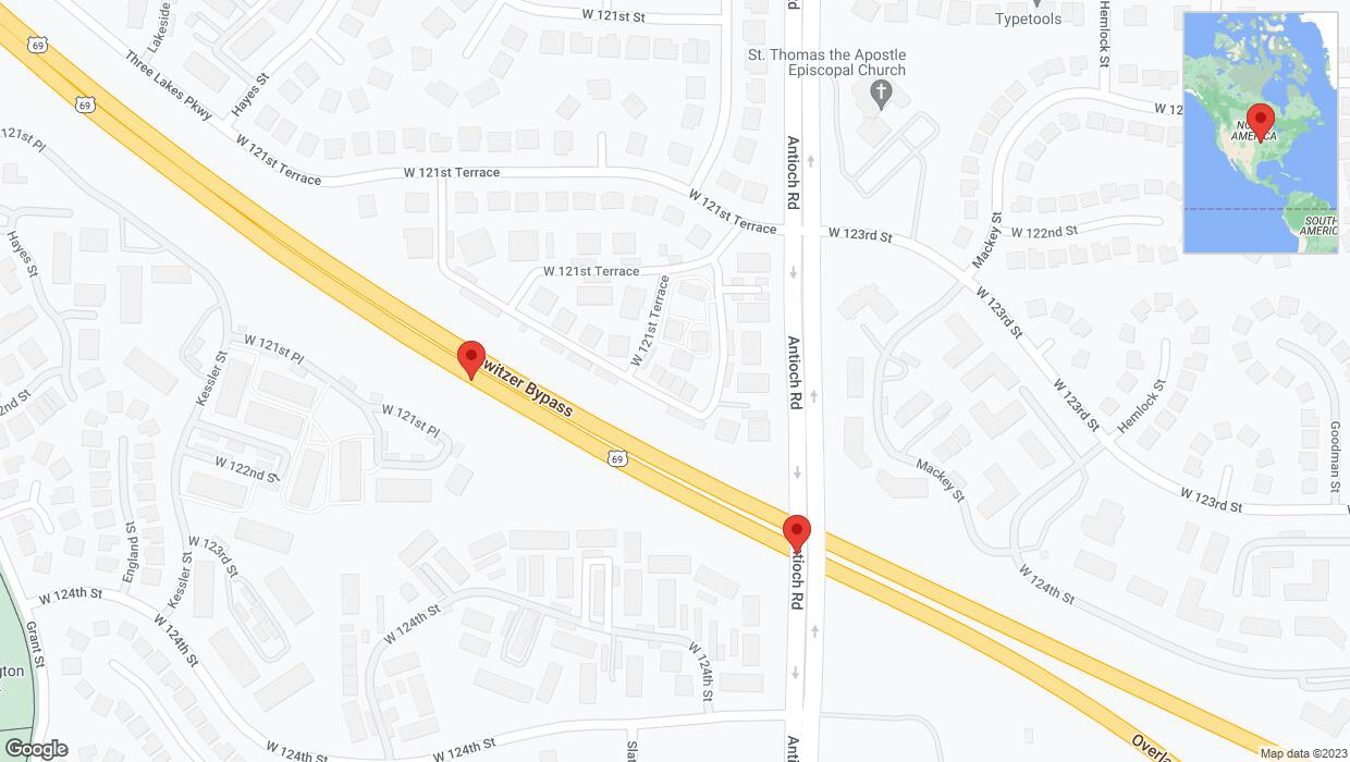 A detailed map that shows the affected road due to 'Lane on US-69 closed in Overland Park' on November 17th at 11:49 p.m.