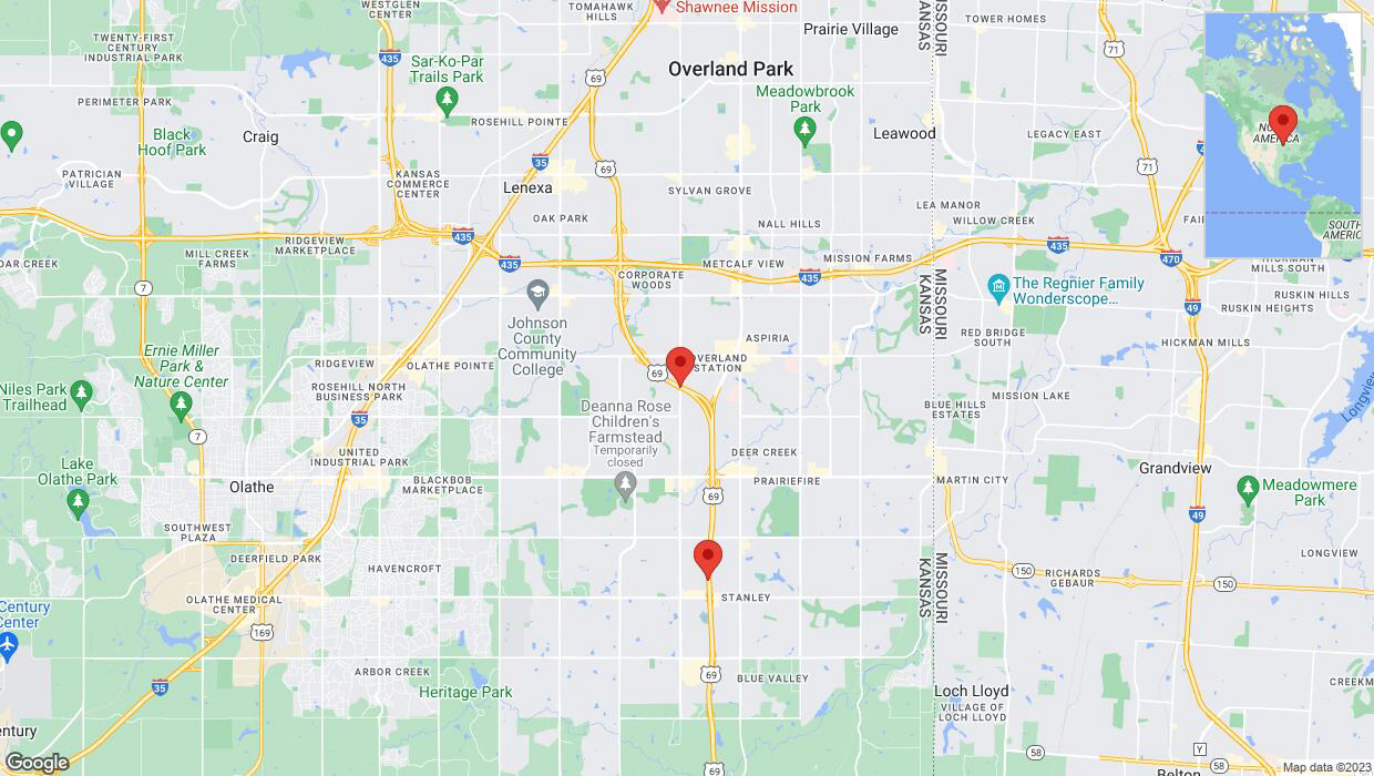 A detailed map that shows the affected road due to 'Lane on US-69 closed in Overland Park' on November 18th at 5:52 p.m.