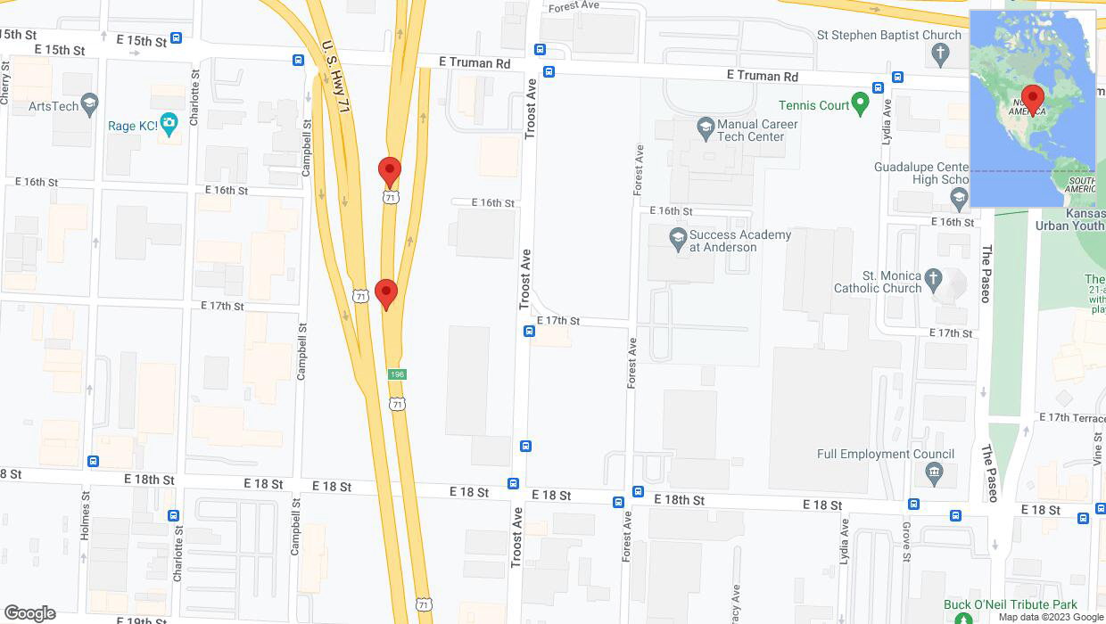 A detailed map that shows the affected road due to 'Broken down vehicle on northbound US-71 in Kansas City' on November 18th at 12:34 p.m.