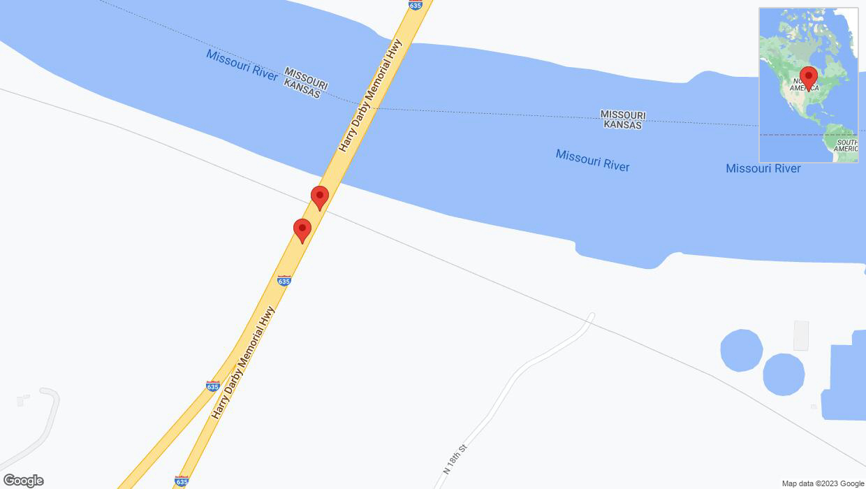 A detailed map that shows the affected road due to 'Broken down vehicle on northbound I-635 in Kansas City' on November 18th at 2:34 p.m.